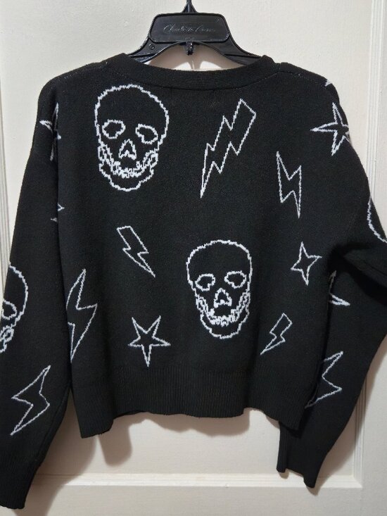 No Boundaries Black Sweater Cardigan Skulls and Stars Sz S - Picture 2 of 4